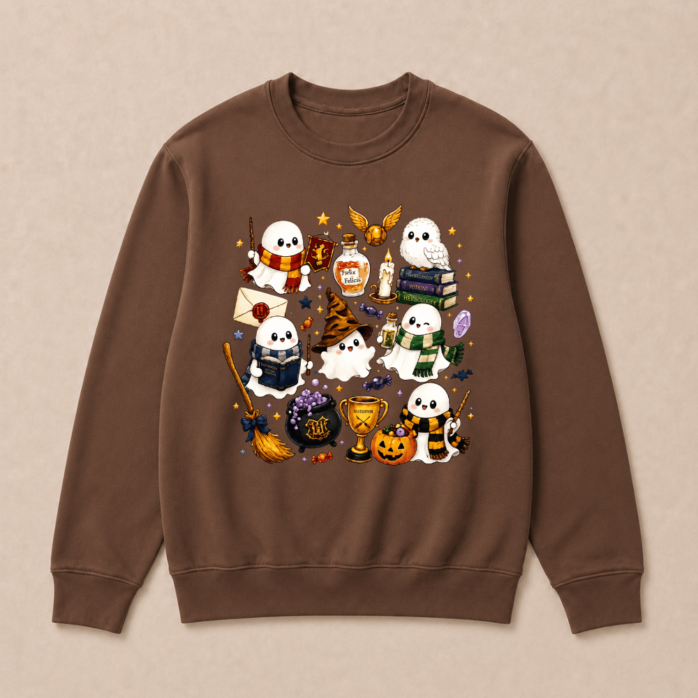 Halloween Cute Magical Ghost Long Sleeves, Cozy Halloween Party Sweatshirts