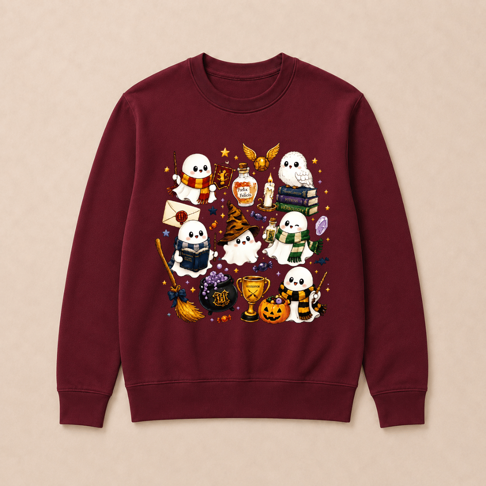 Halloween Cute Magical Ghost Long Sleeves, Cozy Halloween Party Sweatshirts