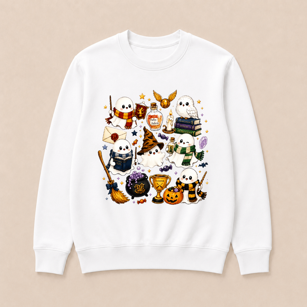 Halloween Cute Magical Ghost Long Sleeves, Cozy Halloween Party Sweatshirts