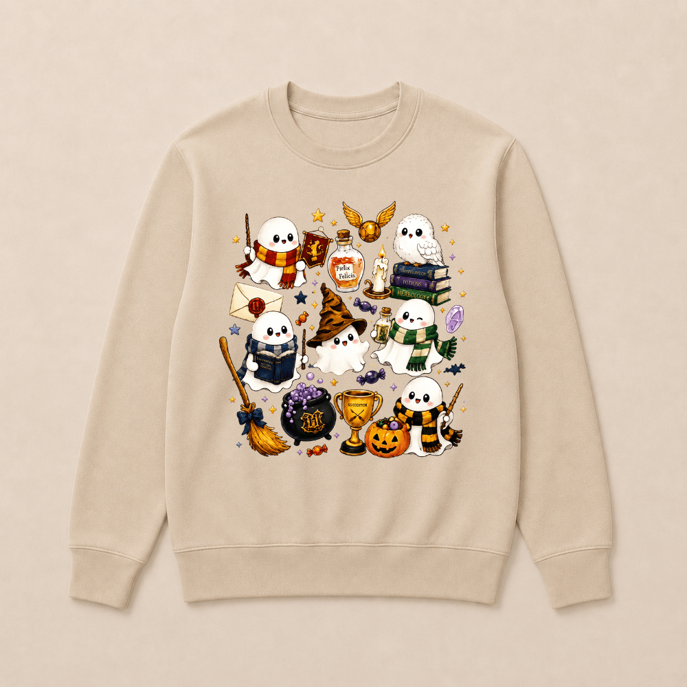 Halloween Cute Magical Ghost Long Sleeves, Cozy Halloween Party Sweatshirts