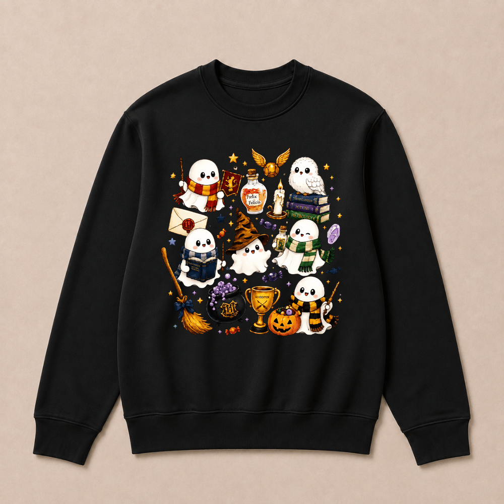Halloween Cute Magical Ghost Long Sleeves, Cozy Halloween Party Sweatshirts