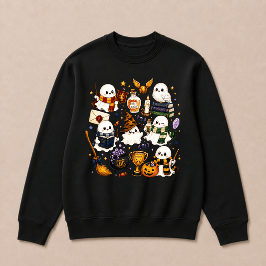 Halloween Cute Magical Ghost Long Sleeves, Cozy Halloween Party Sweatshirts