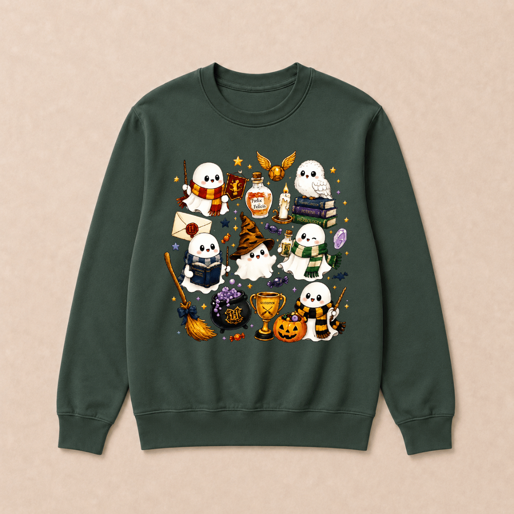 Halloween Cute Magical Ghost Long Sleeves, Cozy Halloween Party Sweatshirts